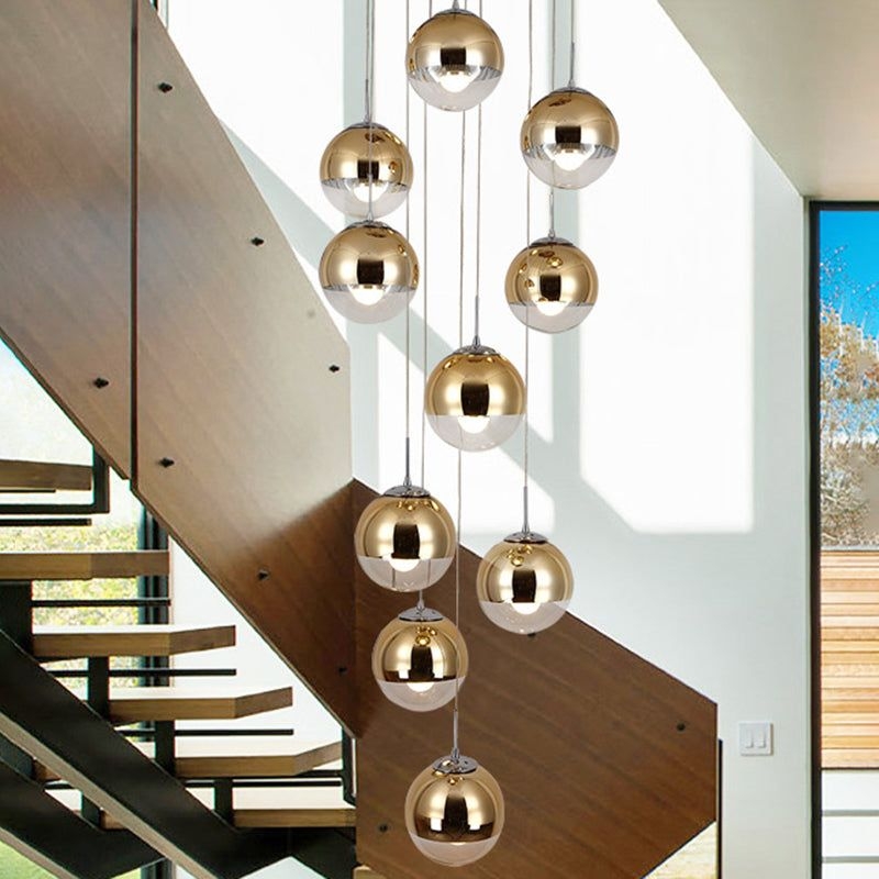 Mirrored Glass Round Shade Suspension Light Simplicity 10 Heads Multi Light Pendant - Gold