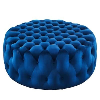 MODWAY Amour Tufted Button Large Round Performance Navy Velvet Ottoman, Blue