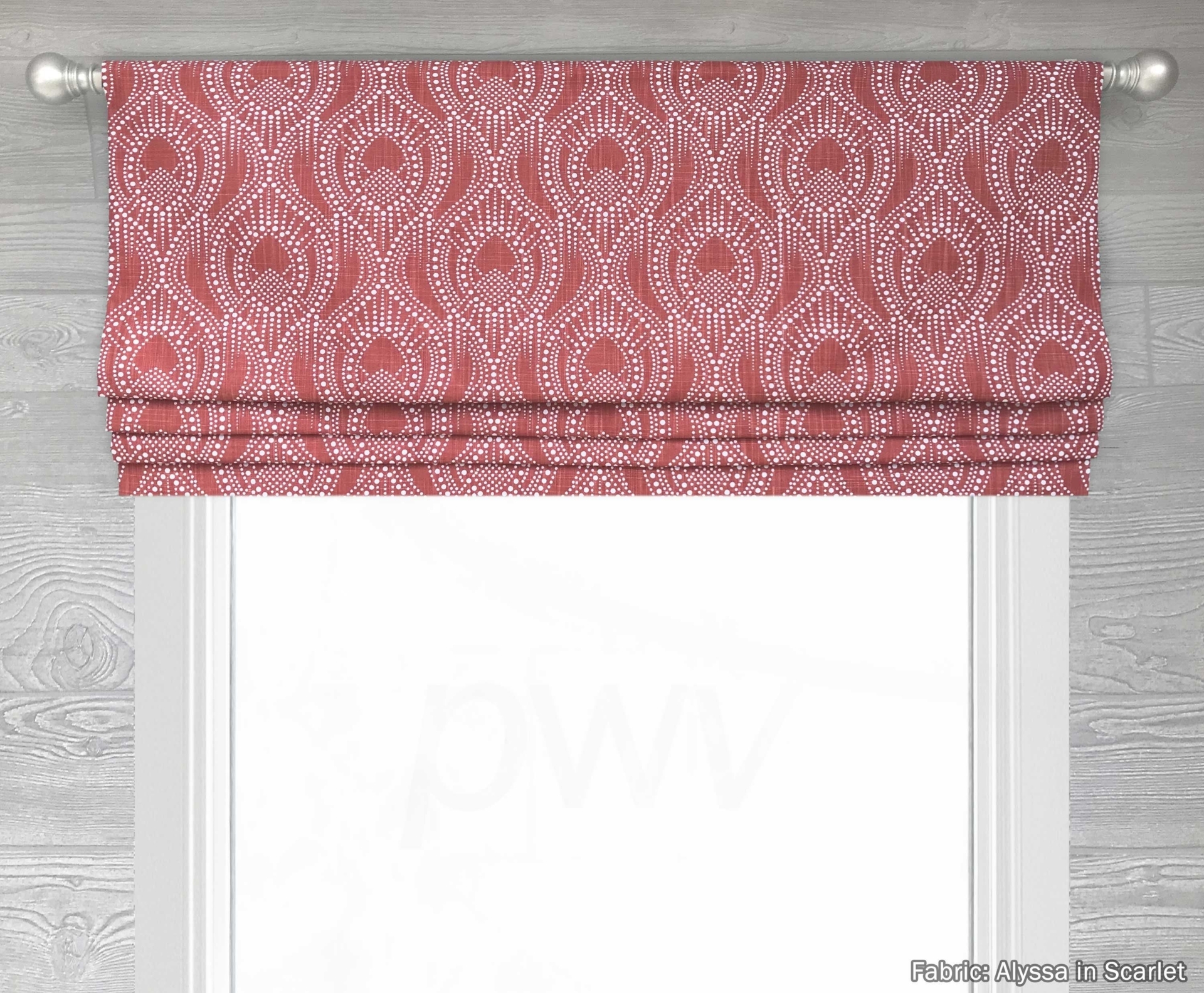 "Muted Red and White Faux (Fake) Flat Roman Shade Valance; Arabesque Geometric, Premier Prints; Alyssa  in Scarlet; Size up to 52\" Wide"