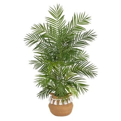 Nearly Natural 4 ft. Green Areca Artificial Palm in Boho Chic Handmade Natural Cotton Woven Planter with Tassels