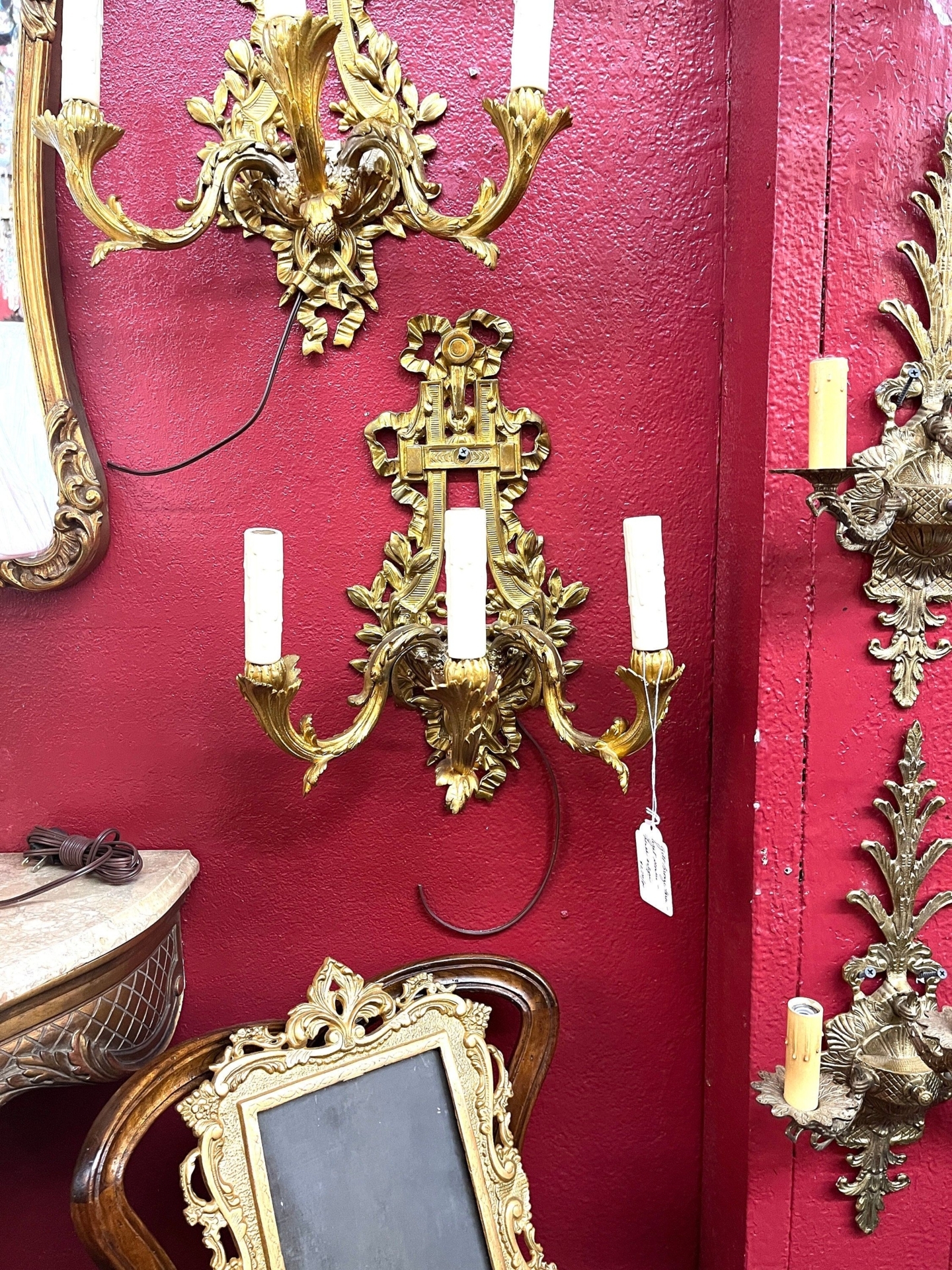 Pair of Vintage French Gilt Bronze Electrified Wall Sconces each with 3 Arms, Classic High End French Decorations, Rewired with Sleeves