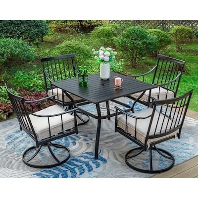 PHI VILLA 5-Piece Metal Patio Outdoor Dining Set with Rectangle Table and Swivel Stylish Arm Chairs with Beige Cushion