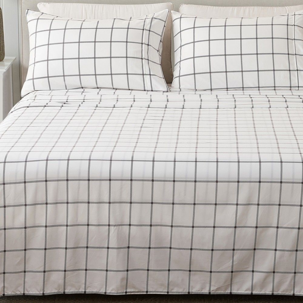 Printed Ultra Soft Brushed Microfiber Sheet Set - Great Bay Home (Queen, Windowpane - White/Grey)