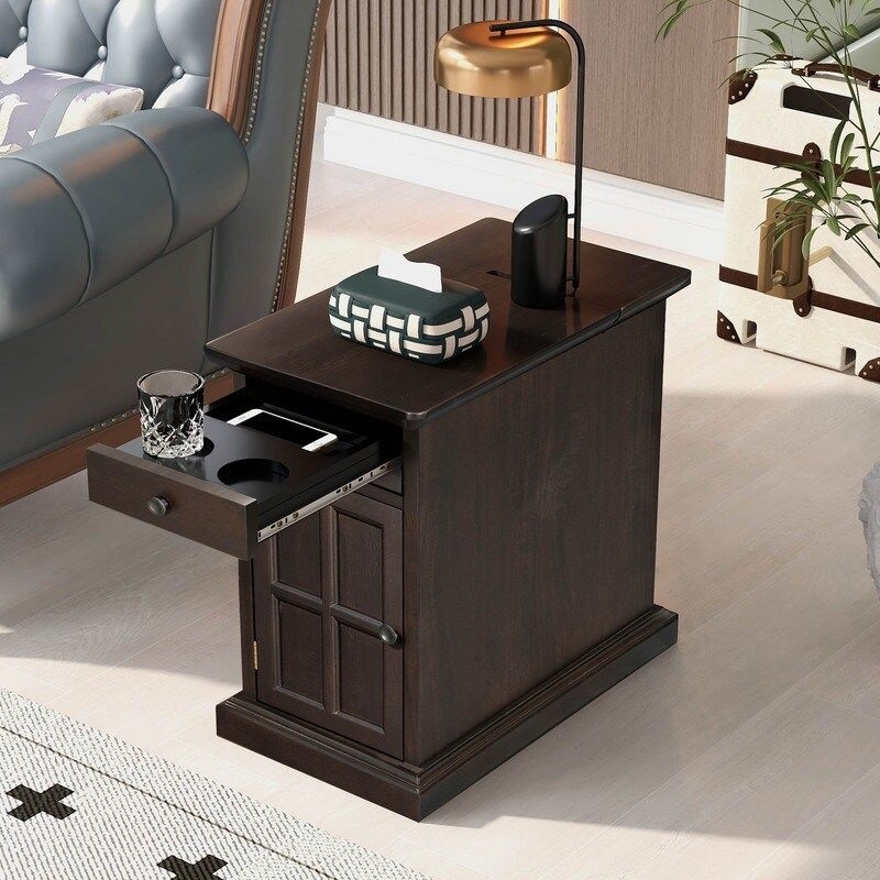 Rustic Wood End Table with USB Ports,1 Drawer with cup holder