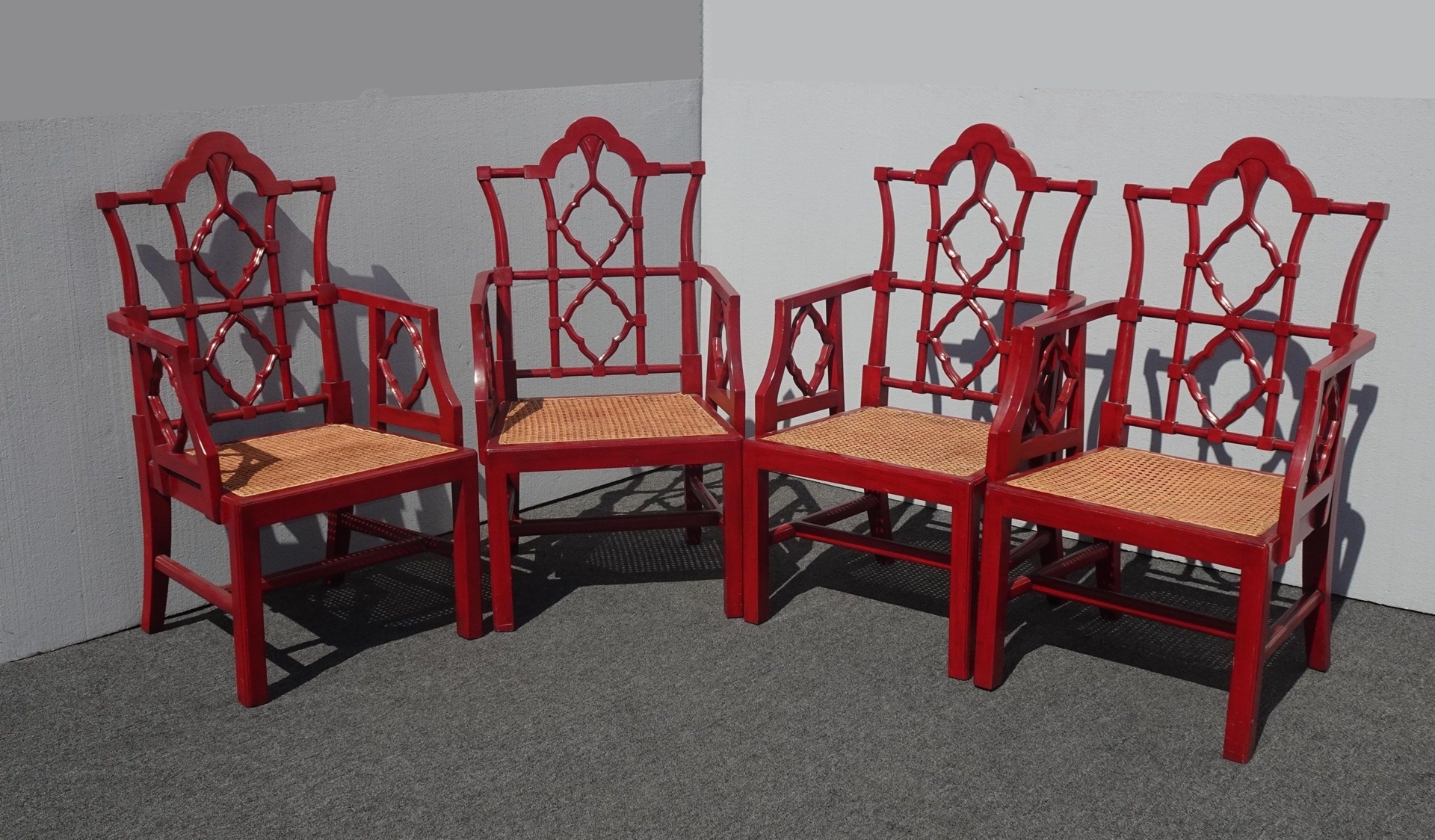 Set of Four Mid Century Red Chinese Chippendale Chinoiserie Cane Seat Arm Chairs