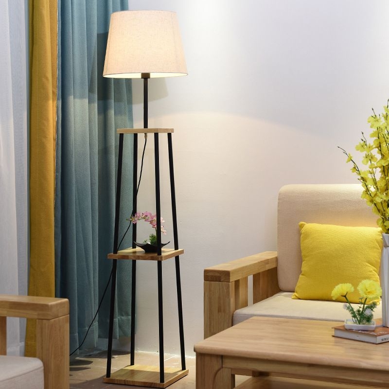 Shelf Shape Floor Light Modernist Wood Single Head Flaxen Pull-Chain Standard Lamp with Barrel Fabric Shade - Flaxen