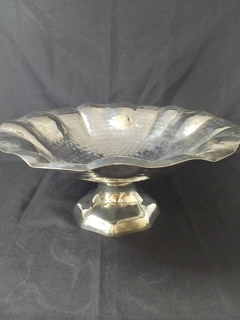Silver Hammered Flowered and Scalloped Pedestal Bowl by Department 56