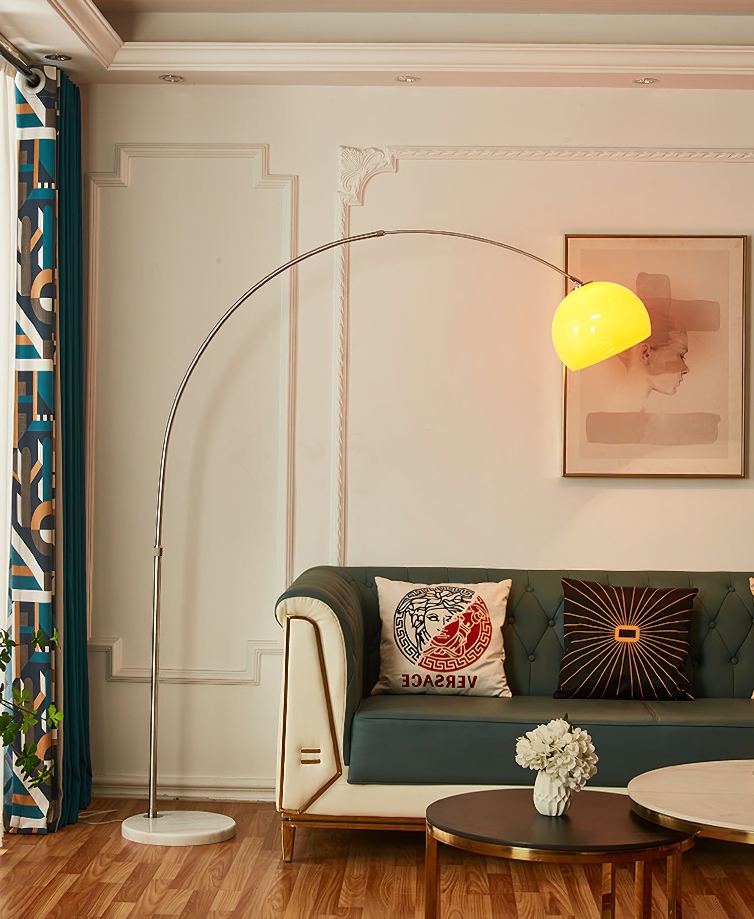 Sneedville Arched Floor Lamp - W 35.4 x H 59 / W 90cm x H 150cm / Stainless Steel Satin Nickel+White / UK plug
