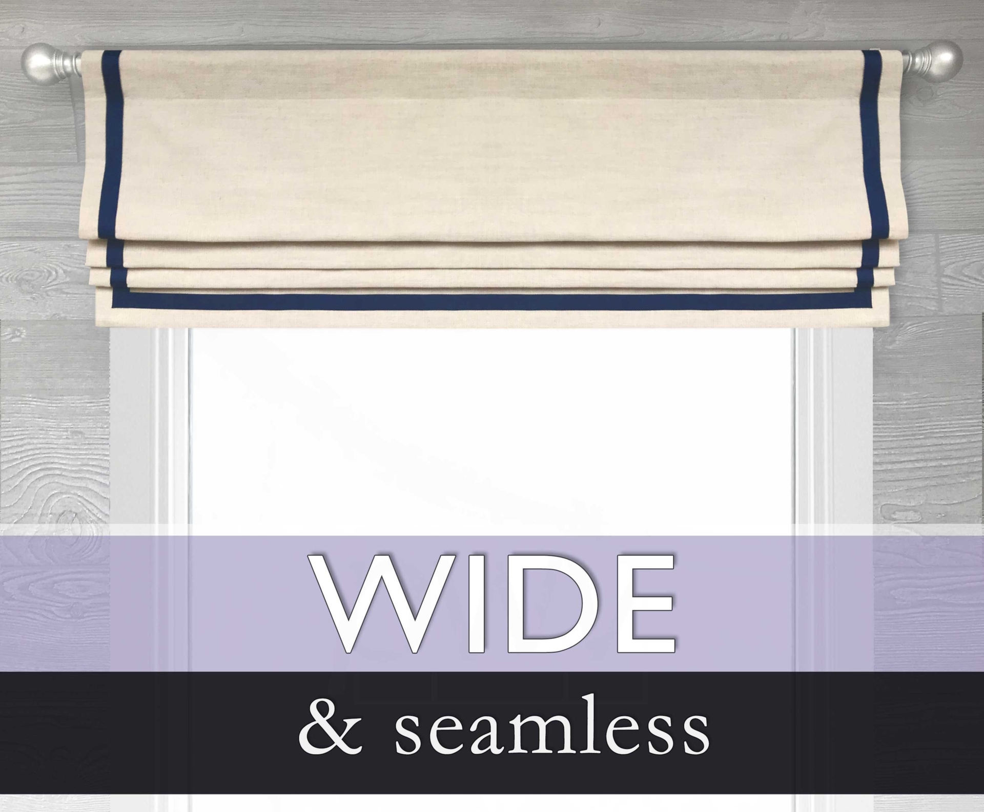 "Solid Natural Faux (Mock) Flat Roman Shade Valance with Grosgrain Contrast Trim, Heavy Linen Blend in Cream, Beige; 52-1/2\" to 87\" Wide"