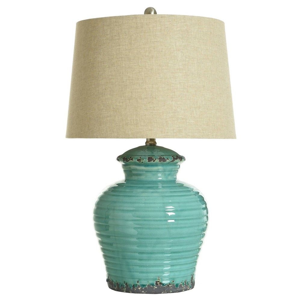 Turquoise Ceramic Table Lamp with Beige Hardback Linen Shade - StyleCraft