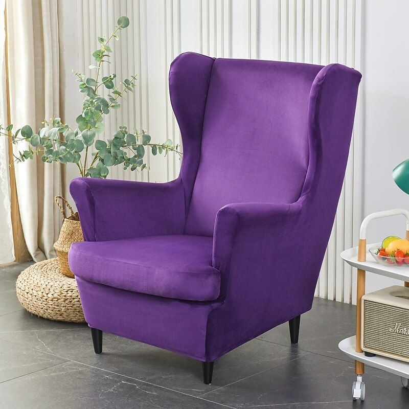 Velvet Stretch Wingback Chair Cover Wing Chair Slipcovers Spandex Fabric Wingback Armchair Covers with Elastic Bottom for Living Room Bedroom Decor