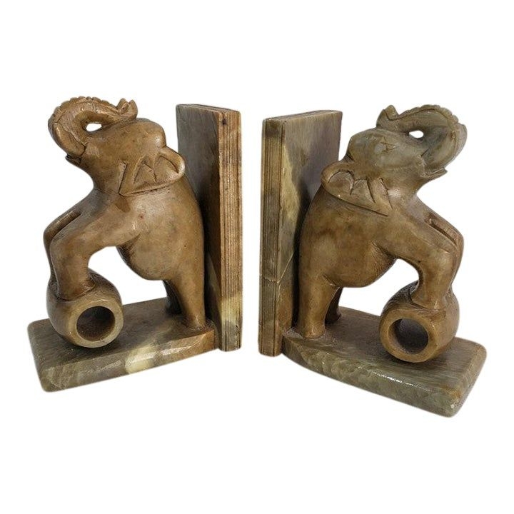Vintage Green & Brown Slag Marble Elephant Bookends - a Pair