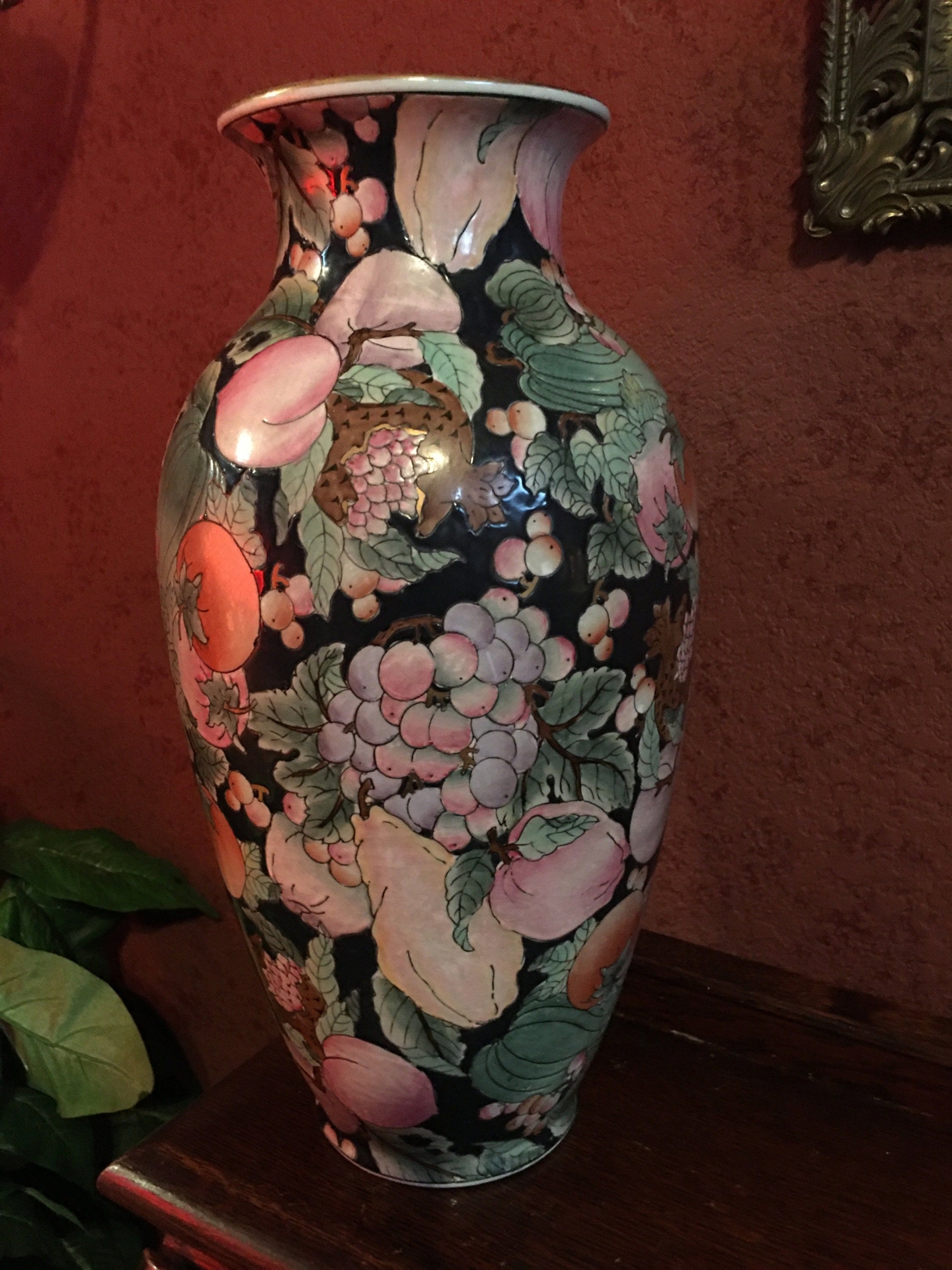 Vintage Vase, Gold Accent on Raised Fruit Design in Soft Peach, Celadon and Pale Lavender Blue on Black Background