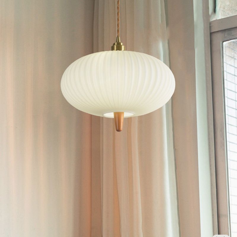 Wooden Geometric Pendant Light in Modern Artistic Style Copper Indoor Hanging Lamp with Glass Shade