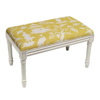 World Menagerie Ardito Upholstered & Wood Bench Linen / Wood in Orange / Gray / Yellow | 19 H x 32 W x 18 D in | Wayfair
