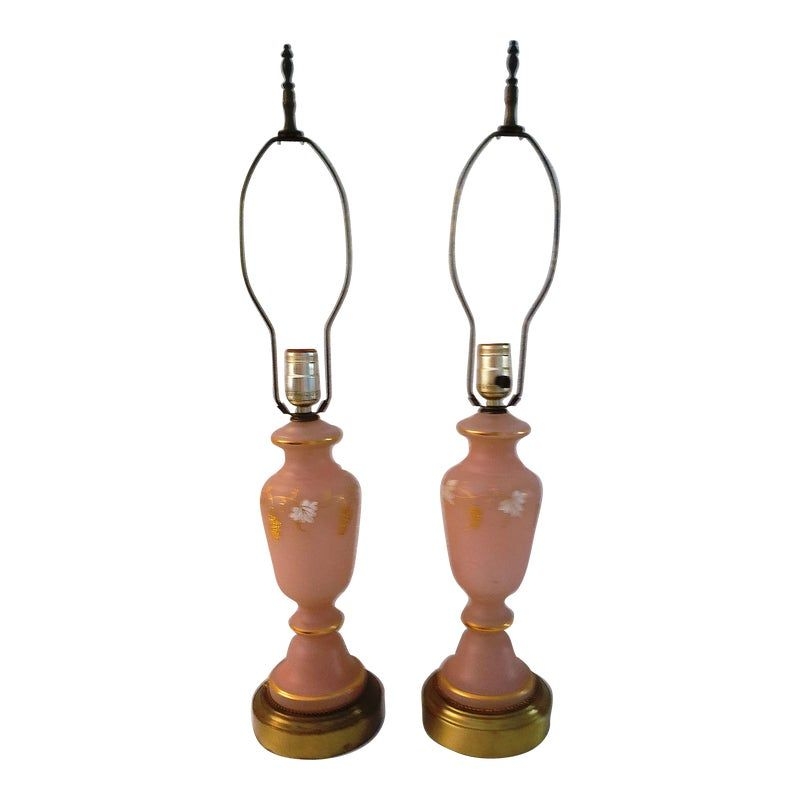 1950s Pink Frosted Glass Grape Vine Lamps, a Pair