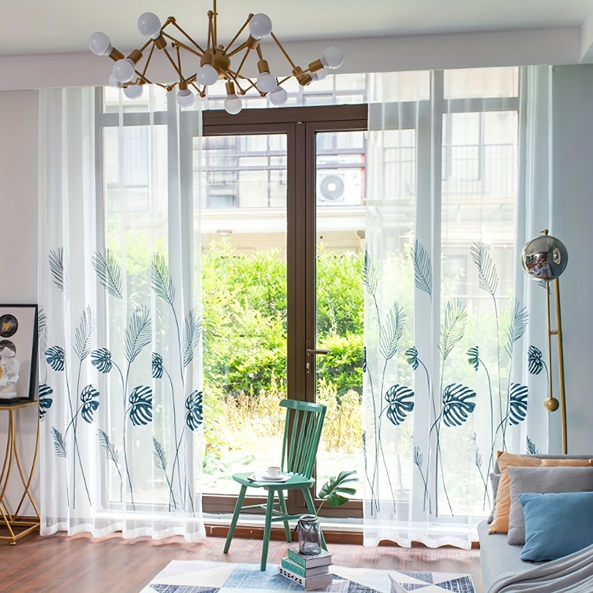 2pcs, Leaf Pattern Embroidery Yarn Curtain, Pastoral Style Sheer Tulle Curtain For Floating Window, Balcony And Door Decoration Living Room Home Decor