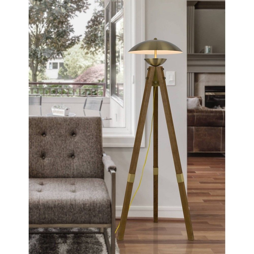 55" Birch Wood Tripod Floor Lamp with Half Domed Metal Shade Antique Brass (Includes LED Light Bulb) - Cal Lighting