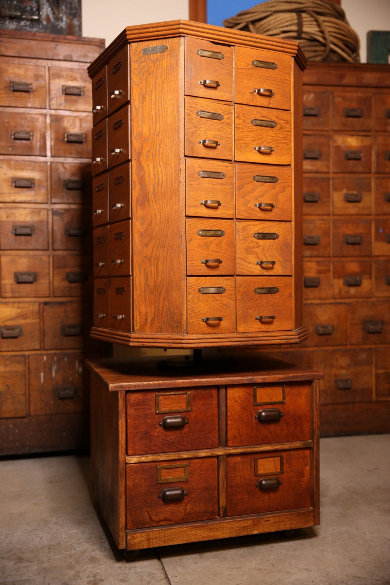 Antique Apothecary Cabinet Rotating Oak 48 Drawer Hardware Display storage Cabinet wood cubby box bin jewelry trinkets vintage arts crafts