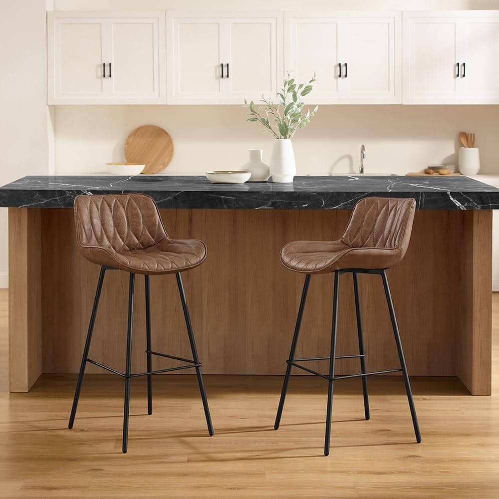 Art Leon Modern 30.71 in Seat Height Mocha Faux Leather Counter Stools with Metal Frame, Brown