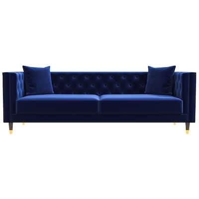 Ashcroft Furniture Co Louise 91 in. W Luxury Modern Square Arm Tufted Velvet Living Room Rectangle Couch in Dark Blue