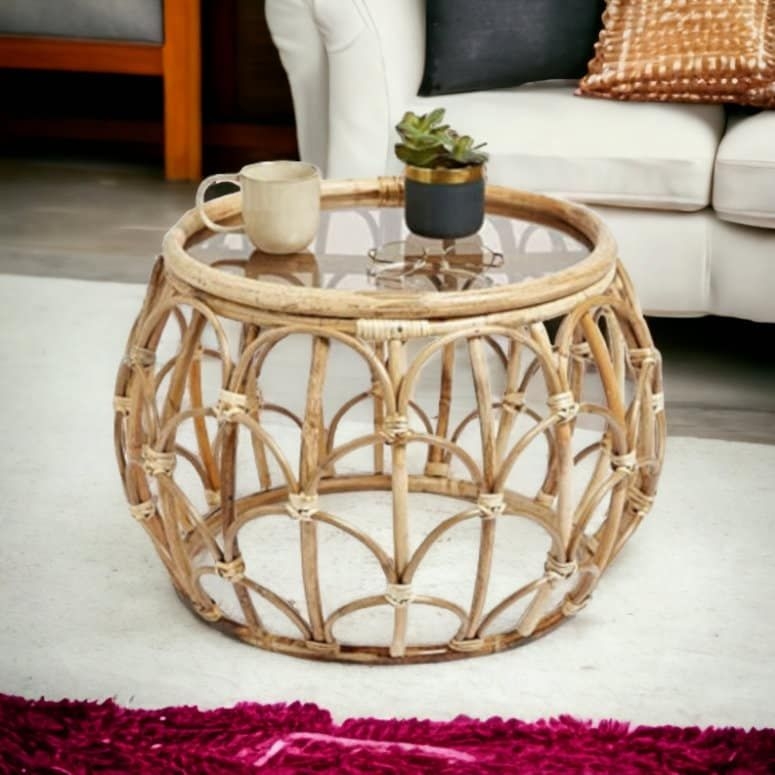Bamboo Coffee Table with Solid Glass Top, Bedroom Contemporary Natural Table, Interior Decoration, Ideal Tray For Daily Coffee Break