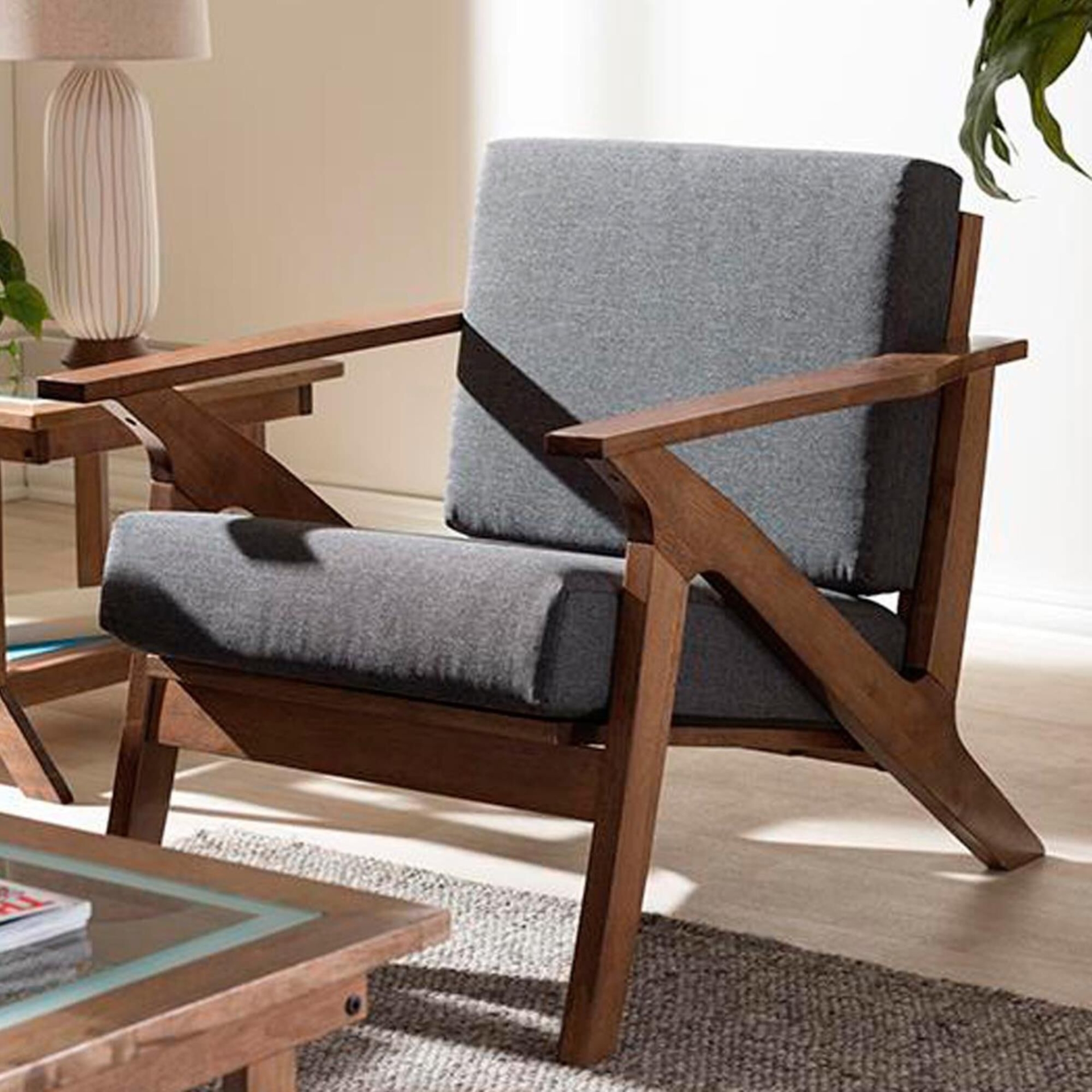 Baxton Studio Cayla 1-Seater Lounge Chair with Walnut Frame in Grey | Wood | Nebraska Furniture Mart