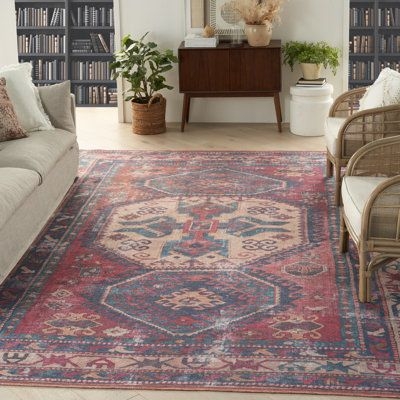 Blue / Navy 118 x 94 x 0.28 in Area Rug - Nicole Curtis Machine Washable Southwestern Navy / Muted Red / Beige Area Rug Polyester | 118 H x 94 W x 0.28 D in | Wayfair