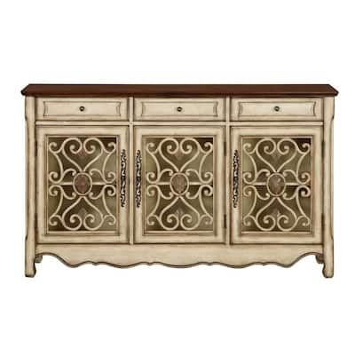 Coast To Coast Accents 60 in. Cream Harvester Textured Credenza with 3-Drawers and 3-Doors, Hood Green Grey