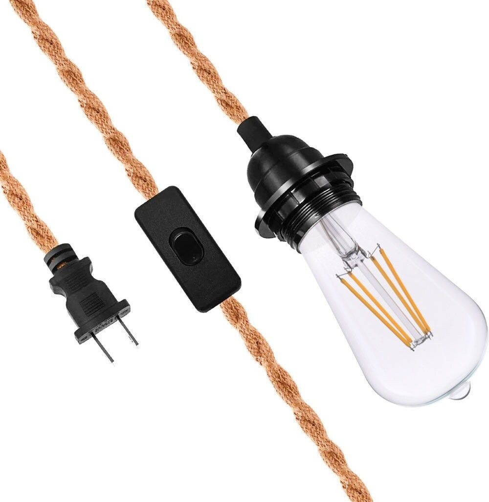 CORD   Shatterproof Bulb | 15FT Jute Rope Pendant Light Lamp Cord Combo Kit, Switch, S14 Cool White Bulb