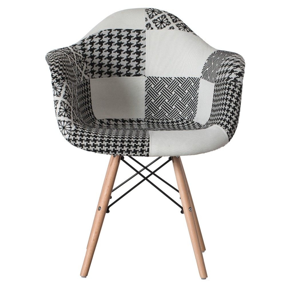 Fabulaxe Mid-Century Modern Style Fabric Lined Armchair with Beech Wooden Legs, Black and White