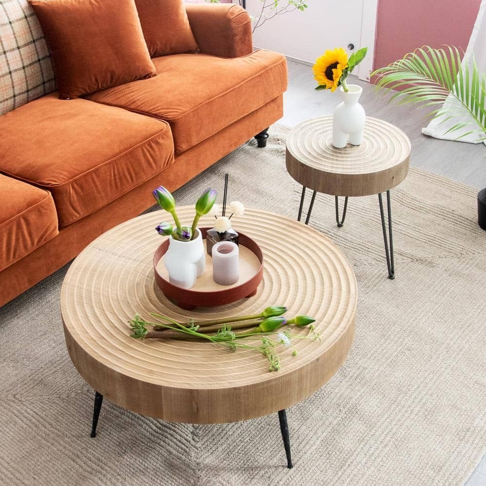 FUIN Modern Farmhouse Round Natural Finish Living Room Coffee Table Set