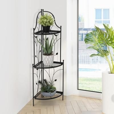 Glitzhome 44.75 in. H 3-Tiered Black Metal Corner Shelf Plant Stand
