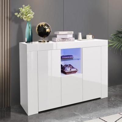 GODEER White Kitchen Sideboard Cupboard with LED Light and 2-Doors, High Gloss Dining Room Buffet Storage Cabinet