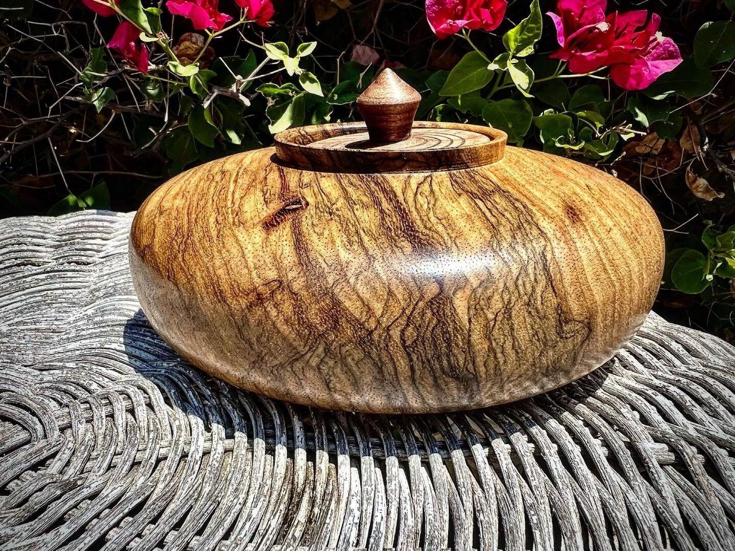 Hand turned exotic Black Limba and Walnut lidded pot