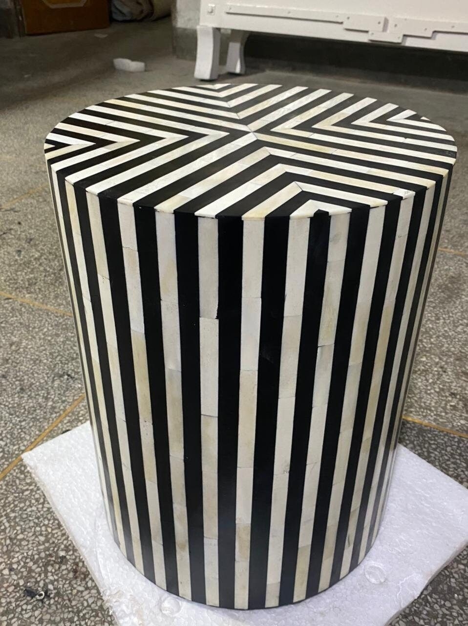 Handmade Striped Monochrome Bone Inlay Drum Side Table | Black & White | Home Decorative | Furniture