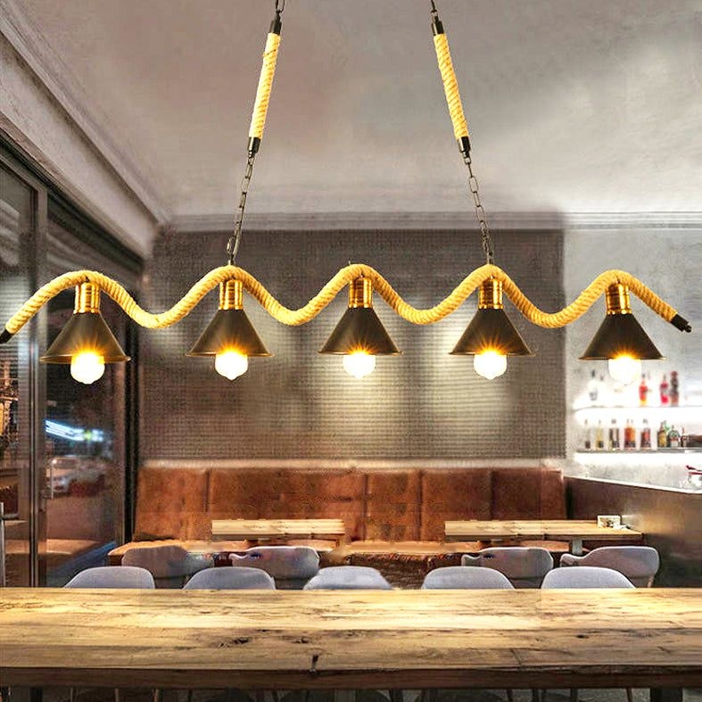 Hemp Rope Island Ceiling Light Vintage Style Restaurant Island Chandelier Light with Cone Metal Shade - 5-Light / Beige