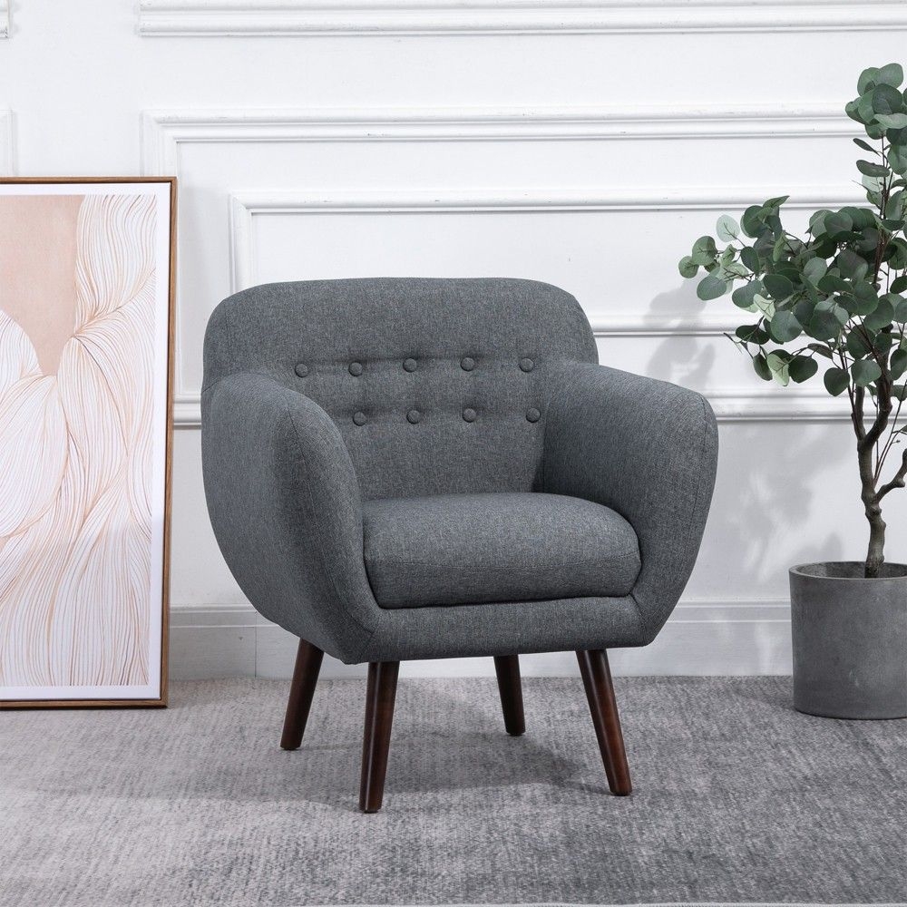 HOMCOM Accent Chair Linen-Touch Tufted Armchair Upholstered Leisure Lounge Sofa Club Chair with Wood Legs, Gray/Walnut