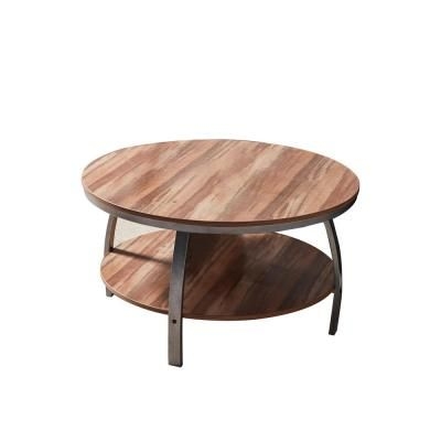 J&E Home 35 .43 in. L Oak Color 19.29 in. H 2-Tier Double Panel Round MDF Coffee Table with Metal Legs and Storage Shelf, Brown