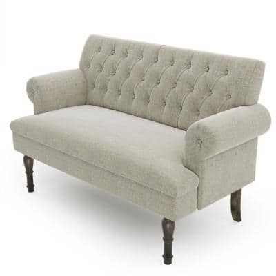 J&E Home 58.27 in. W Beige Color Linen 2-Seats Loveseat Chesterfield Settee Button Tufted Scrolled Arm with High Wooden Leg