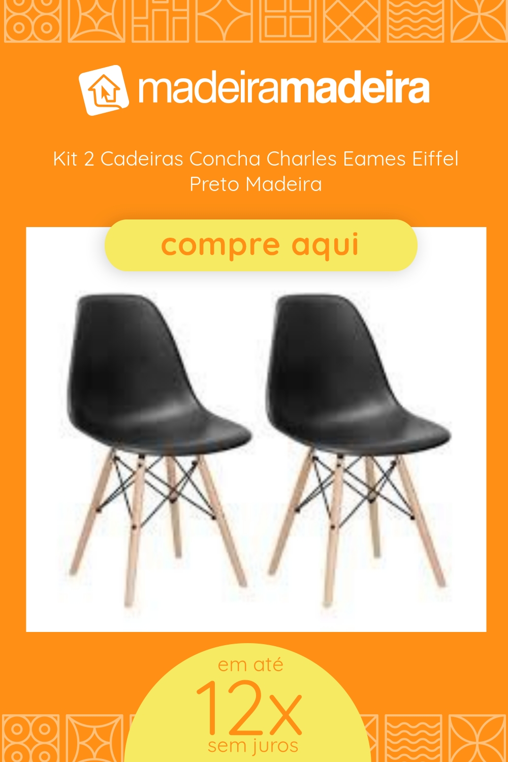Kit 2 Cadeiras Concha Charles Eames Eiffel Preto Madeira