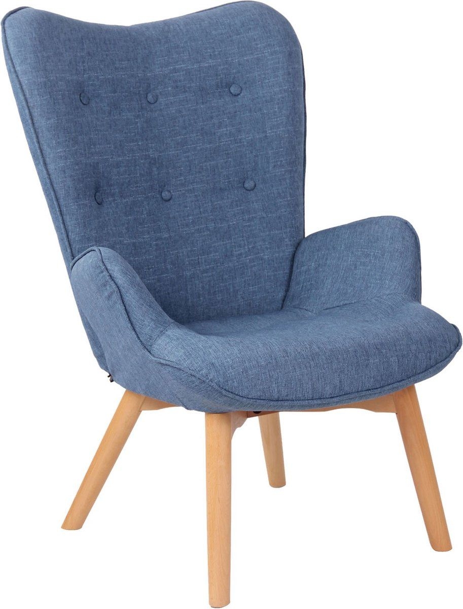Luxe loungestoel Terzo - Eetkamerstoel - Blauwe stof - Houten poten - Set van 1 - Zithoogte 49 cm - Deluxe