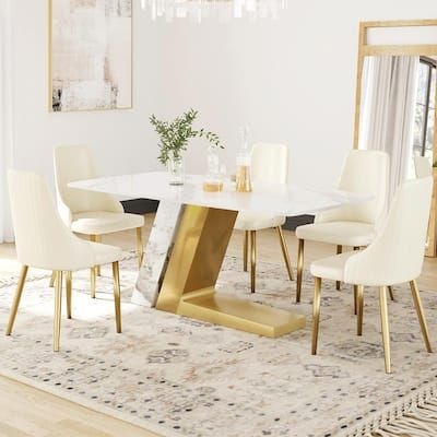 Magic Home 63 in. White Sintered Stone Tabletop with Gold Pedestal Legs Dining Table (Seats 6), White/ Gold