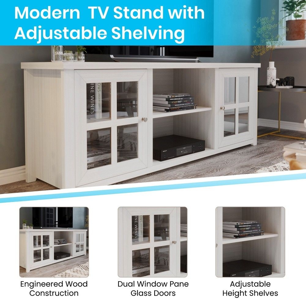 Merrick Lane Classic Four Pane Glass Door 65" TV Stand for up to 80" TVs; White Birch Finish