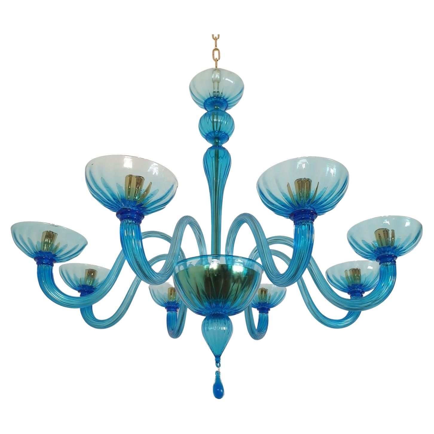 Mid-century Modern Large Blue Murano Glass Chandelier - Venini Style
