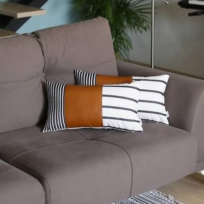 MIKE & Co. NEW YORK Bohemian Handmade Vegan Faux Leather Brown 12 in. x 20 in. Lumbar Abstract Geometric Throw Pillow (Set of 2), Brown/ Ivory & Cream