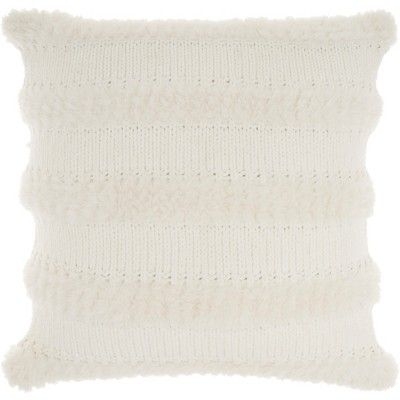 Mina Victory Faux Fur Knit Stripes 20" x 20" Ivory Indoor Throw Pillow
