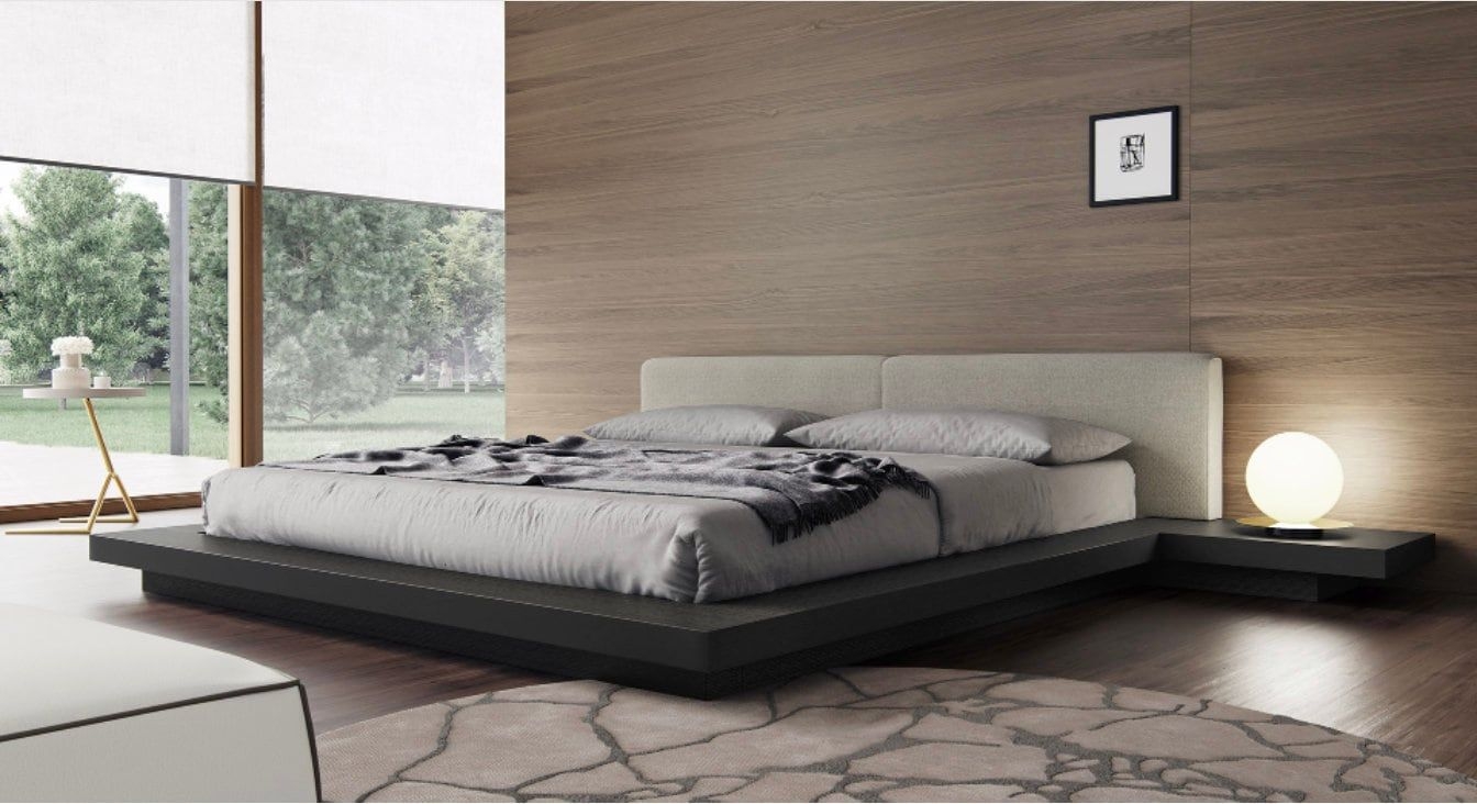 Modern Low Profile Solid Wood Platform Bed-  Fabric/ Leather/walnut/Oak/nightstands