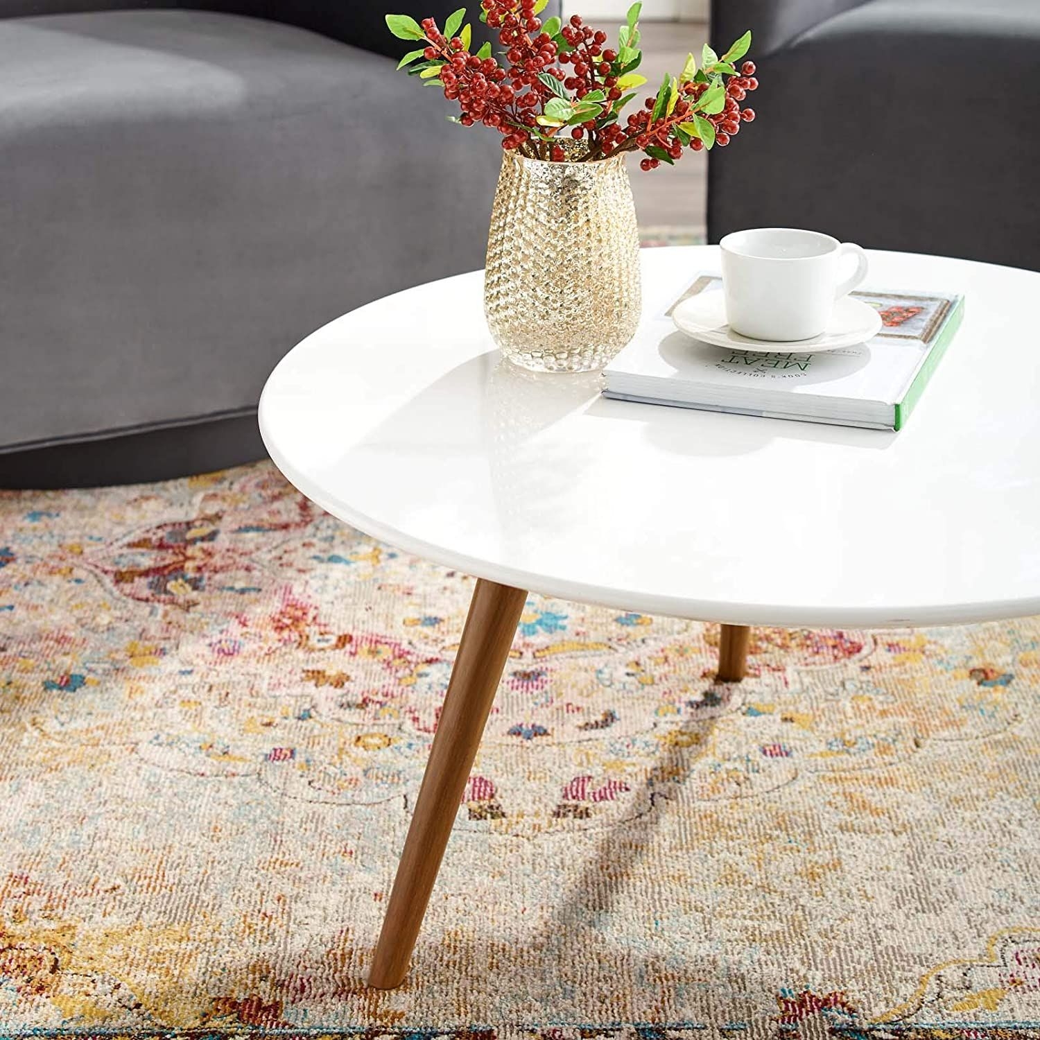 Modway Lippa 28" Round Wood Top Coffee Table with Tripod Base in Walnut White