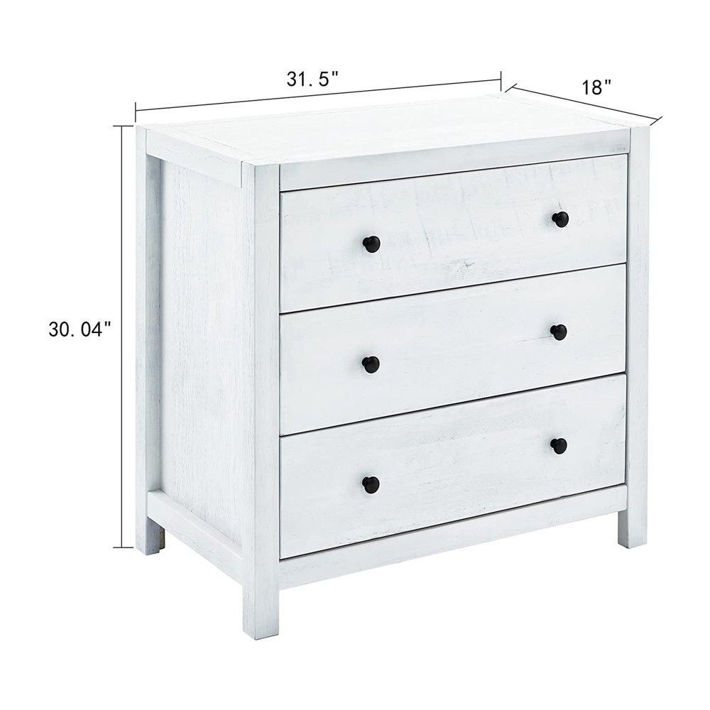 MUSEHOMEINC ST1001W 31.5 Inch Tall Rustic Solid Wood 3 Drawer Storage Dresser Nightstand with Black Metal Rounded Knobs, White Washed